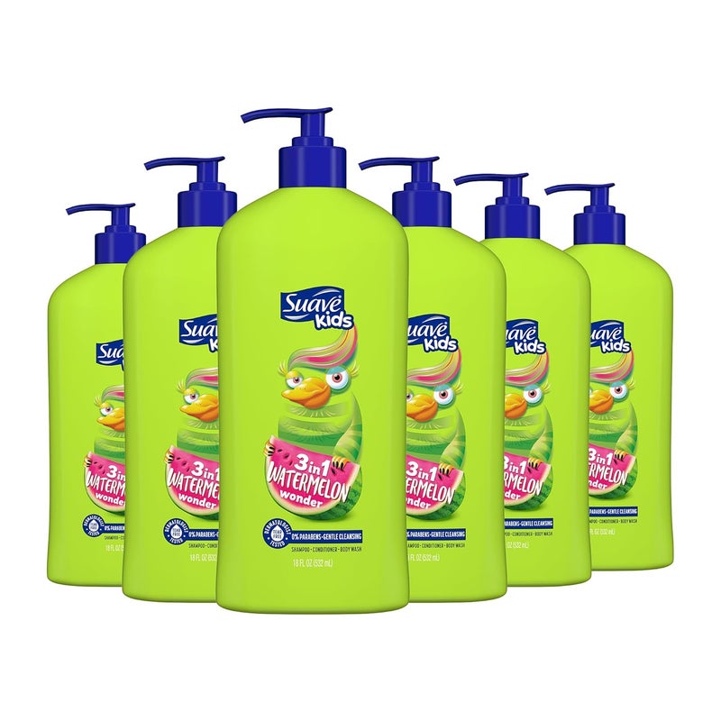 Suave Kids 3-in-1 Tear Free, Body Wash, Shampoo and Conditioners, Dermartologist Tested, Watermelon Wonder, 18 Oz Pack of 6 - Image 1